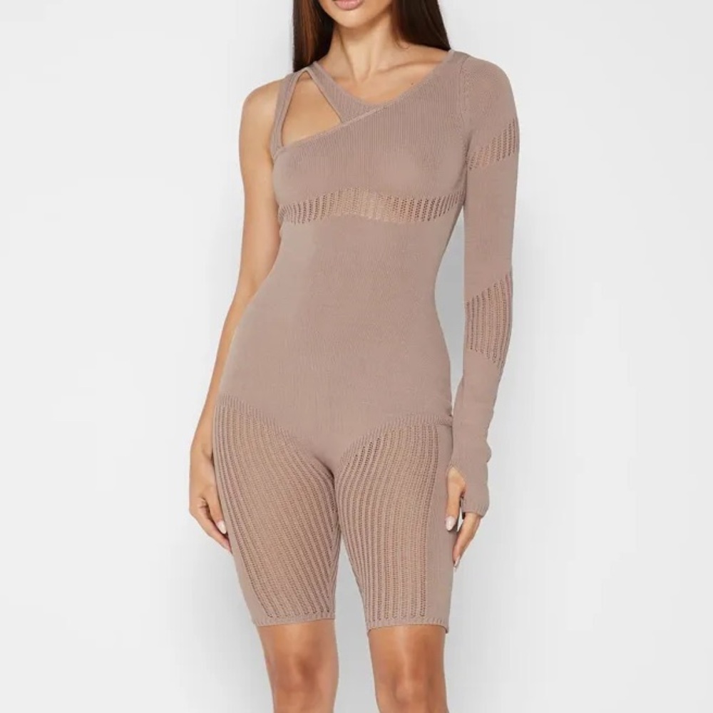 MANIERE DE VOIR Knitted Contour One Sleeve Playsuit Bodysuit Taupe